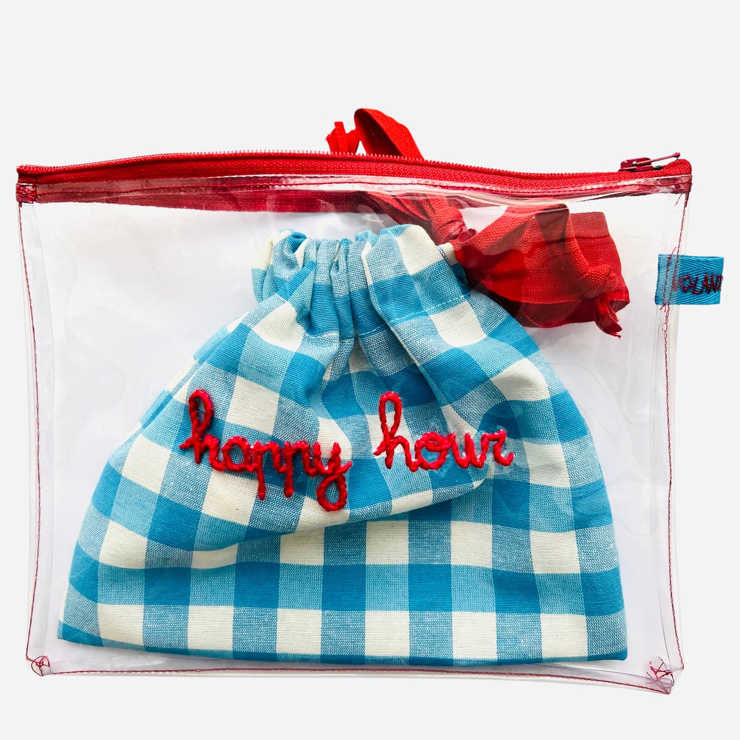 Bustina in pvc "happy hour"ricamata a mano con sacchetto estraibile in cotone vichy turchese