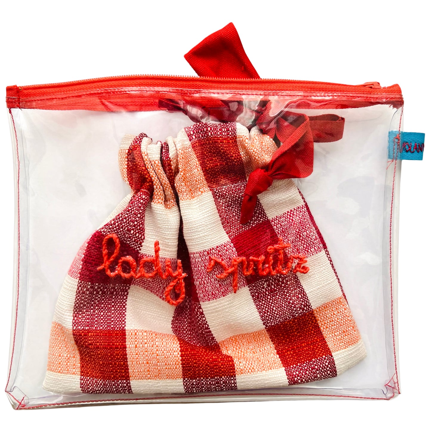 Bustina in pvc "lady spritz"ricamata a mano con sacchetto estraibile in cotone vichy rosso e arancio