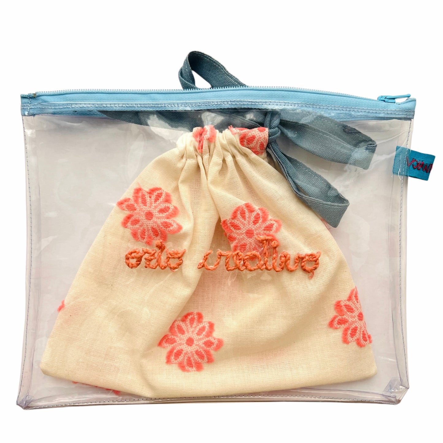 Bustina in pvc "ozio creativo"ricamata a mano con sacchetto estraibile in cotone fil coupé fiori corallo