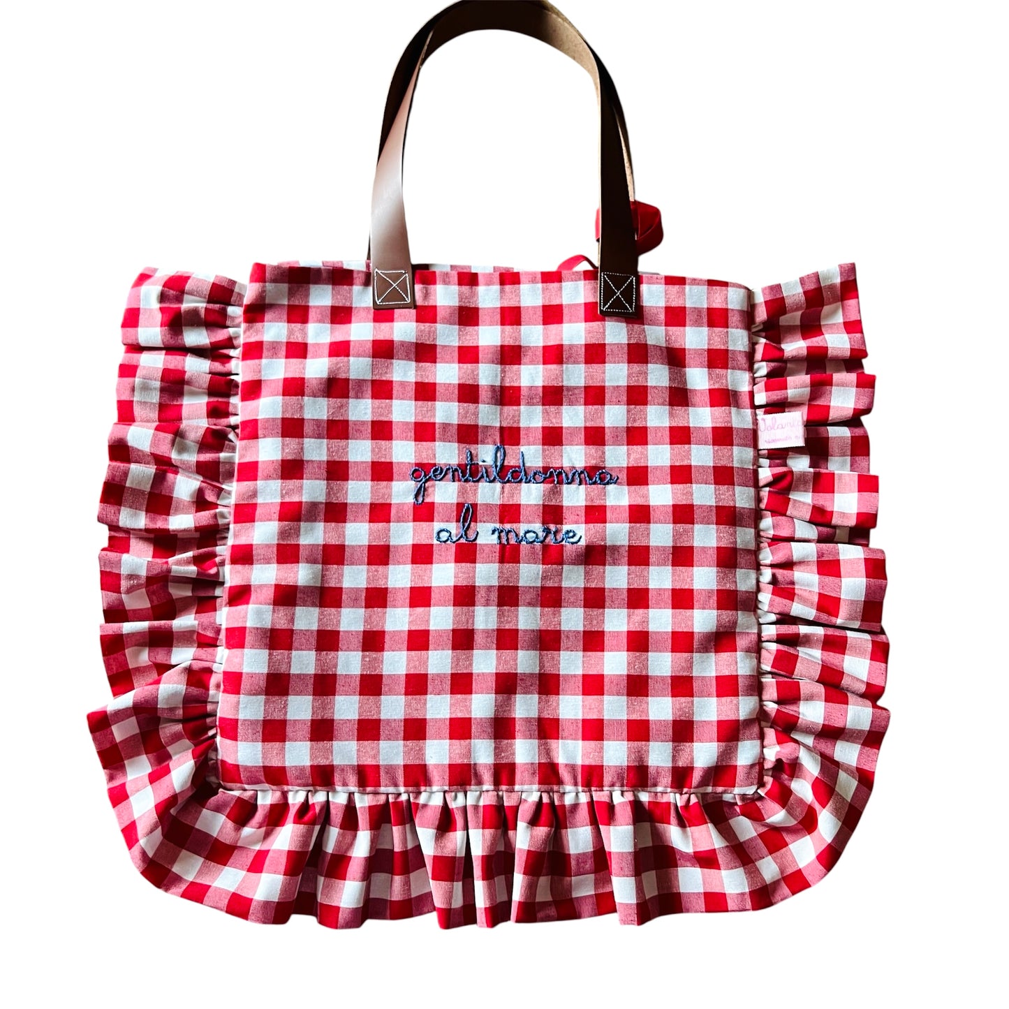 shopping bag quadretti rossi “ gentildonna al mare” ricamata a mano