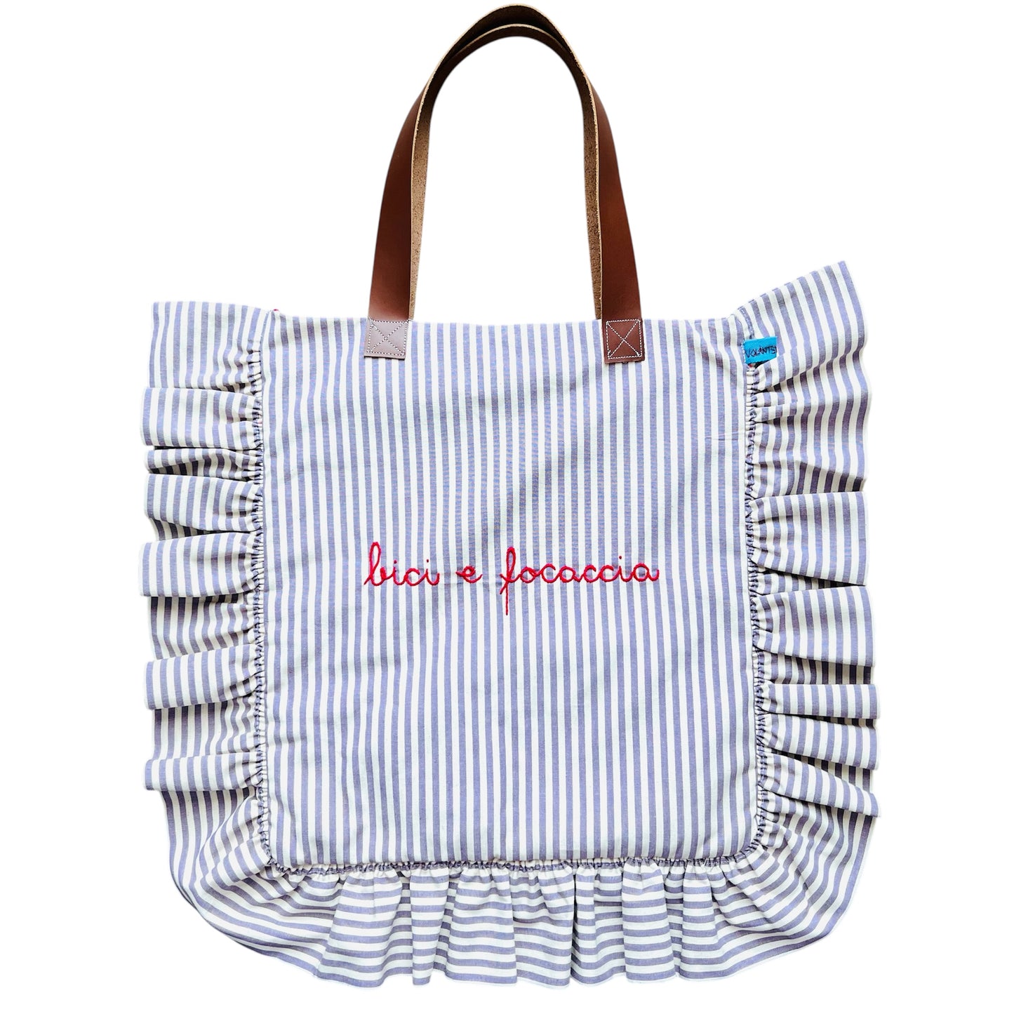 shopping bag righine lavanda “bici e focaccia” ricamata a mano