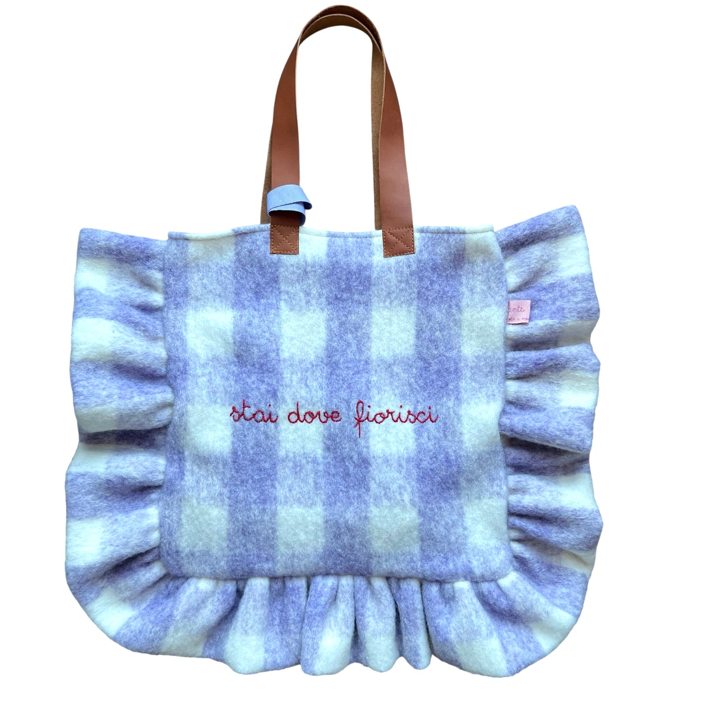 shopping bag in plaid di lana maxi vichy lilla “stai dove fiorisci” ricamata a mano
