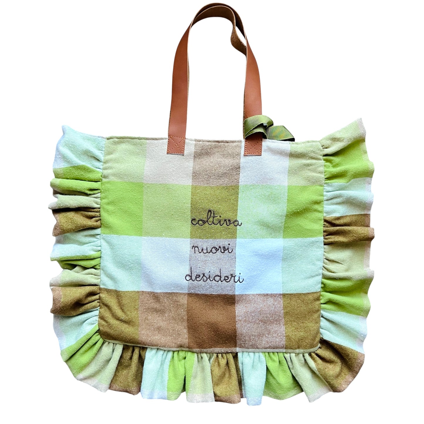 shopping bag maxi quadri in flanella verde pistacchio, cioccolato e panna "coltiva nuovi desideri” ricamata a mano