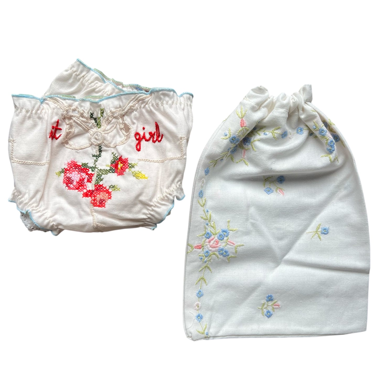 slip frou frou in puro cotone vintage ricamato "it girl" ricamato a mano