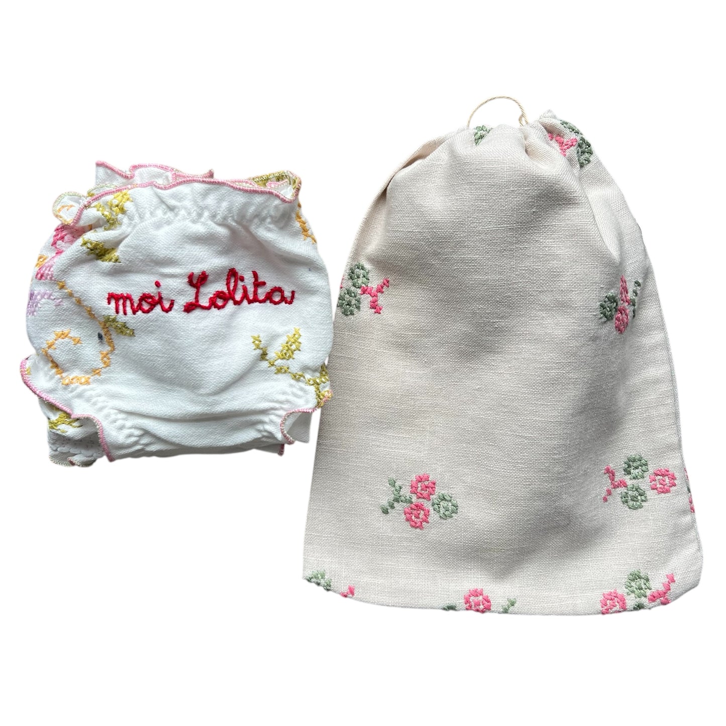 slip frou frou in puro cotone vintage ricamato "moi Lolita" ricamato a mano