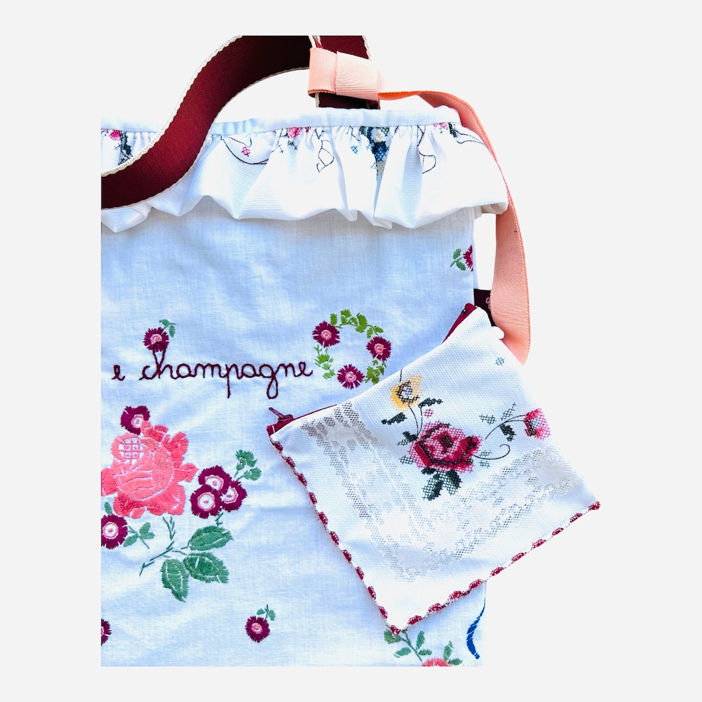 shopping bag in tessuto ricamato vintage “twist e champagne” ricamata a mano