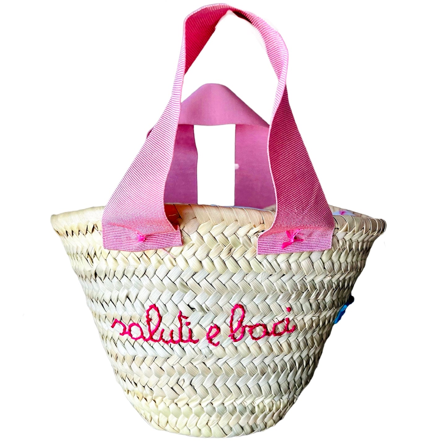 borsa piccola in paglia con manici in gros grain rosa e ricamo a mano "saluti e baci"