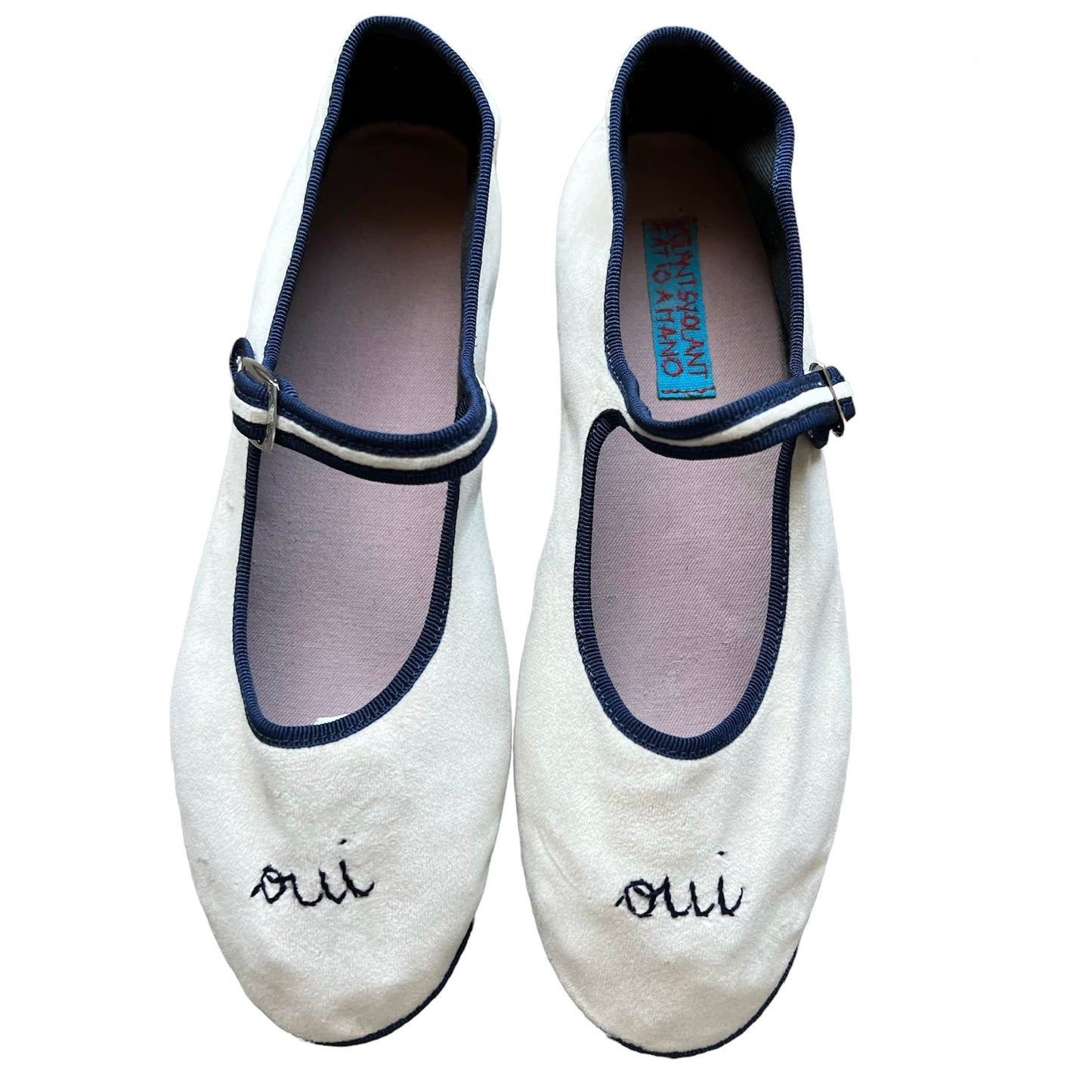 Friulane bebe' velluto bianco panna "oui oui" ricamo a mano personalizzabile