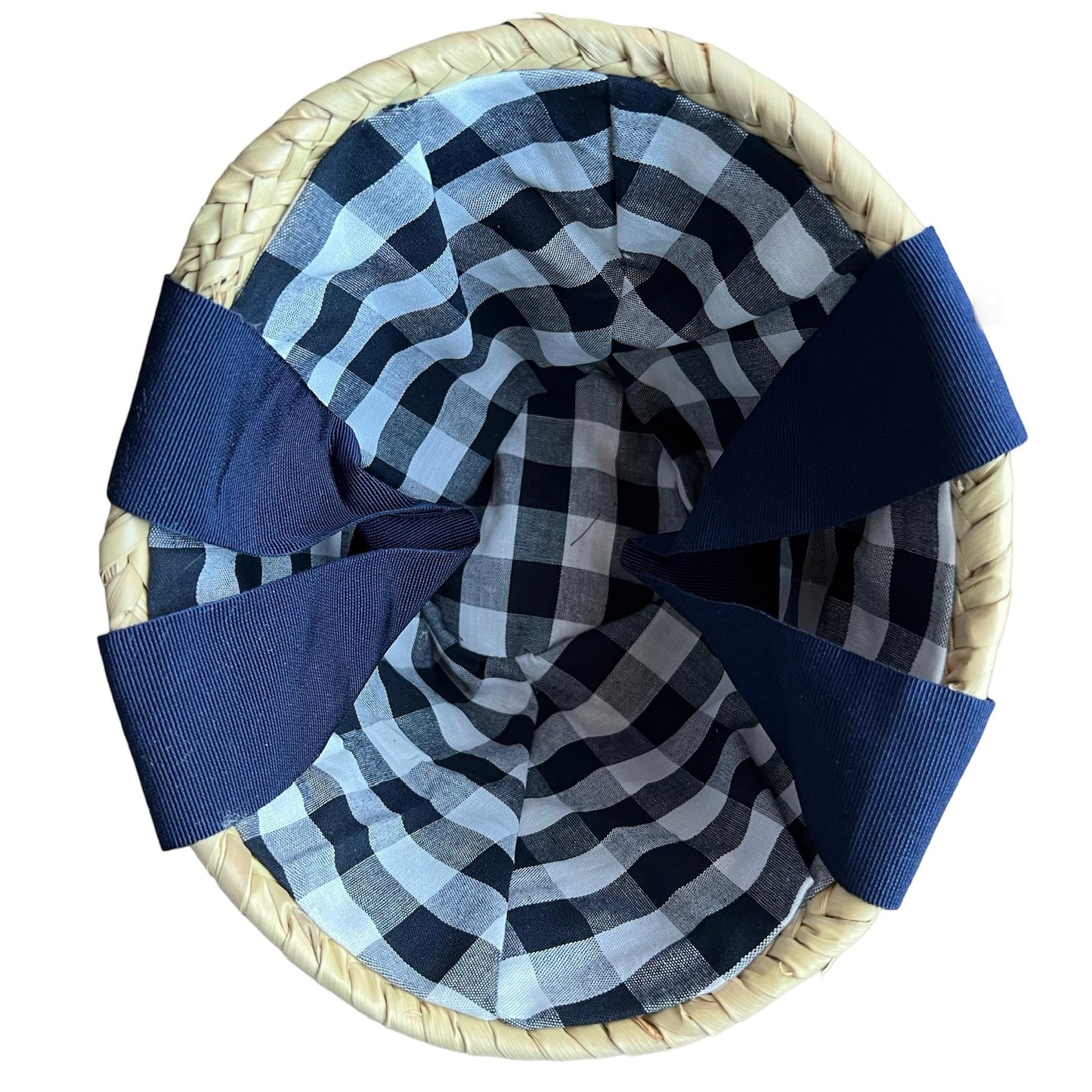 Borsa piccola in paglia con manici in gros grain blu e ricamo a mano "oui oui"