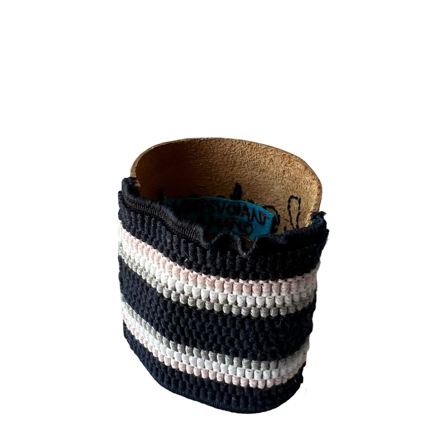 bracciale alto in cuoio fiore ricamato a mano "baciami" e retro in elastico a righe