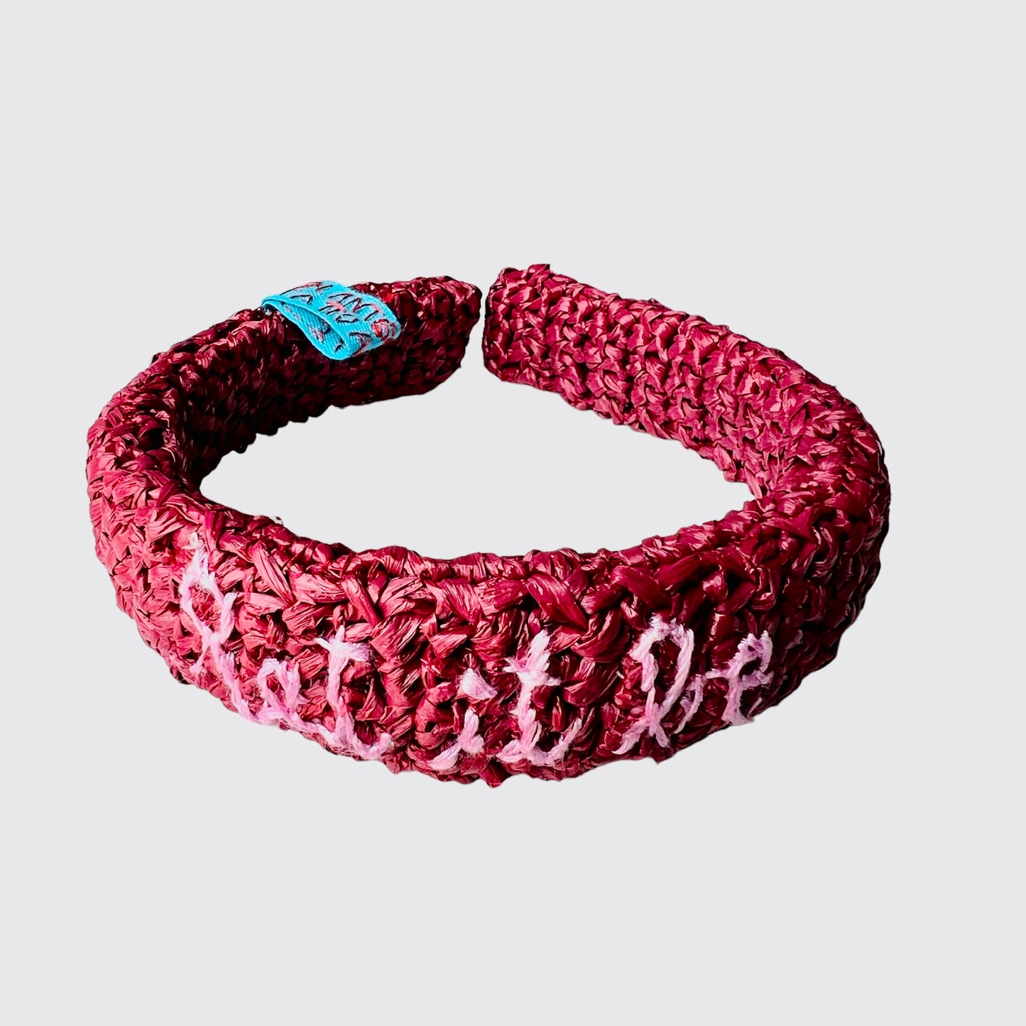 Cerchietto per capelli in rafia' bordeaux "let it be" rosa ricamato a mano