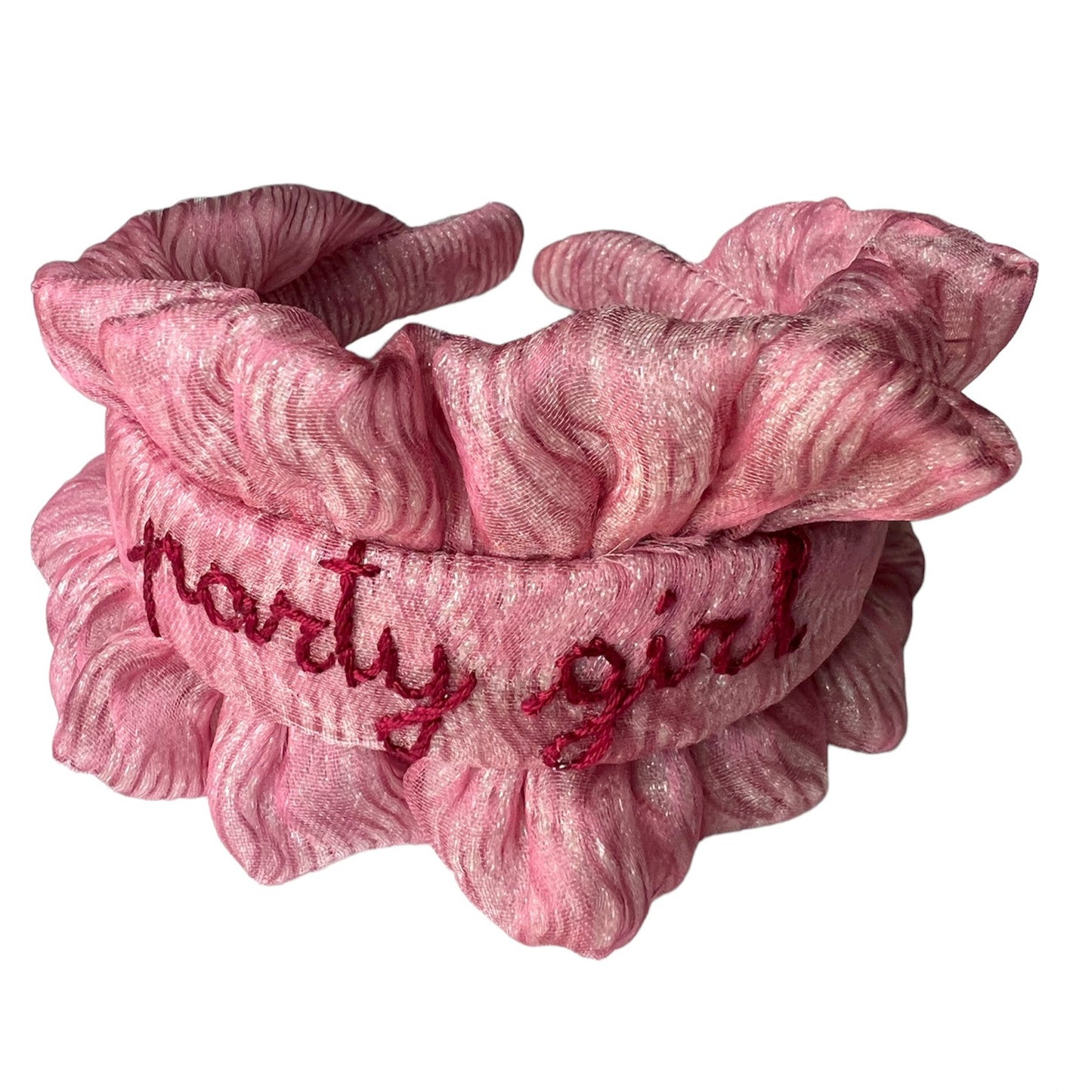 cerchietto in organza rosa "party girl" ricamato a mano