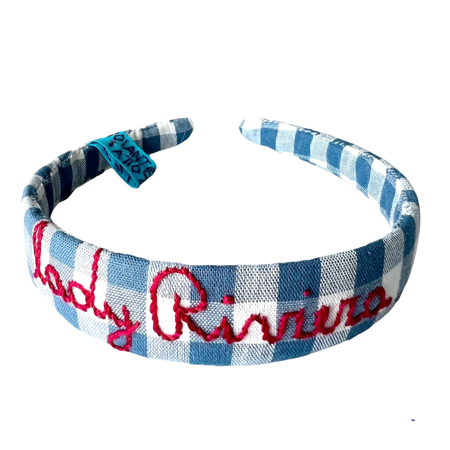 cerchietto quadretti vichy azzurro "lady Riviera" ricamato a mano in rosso