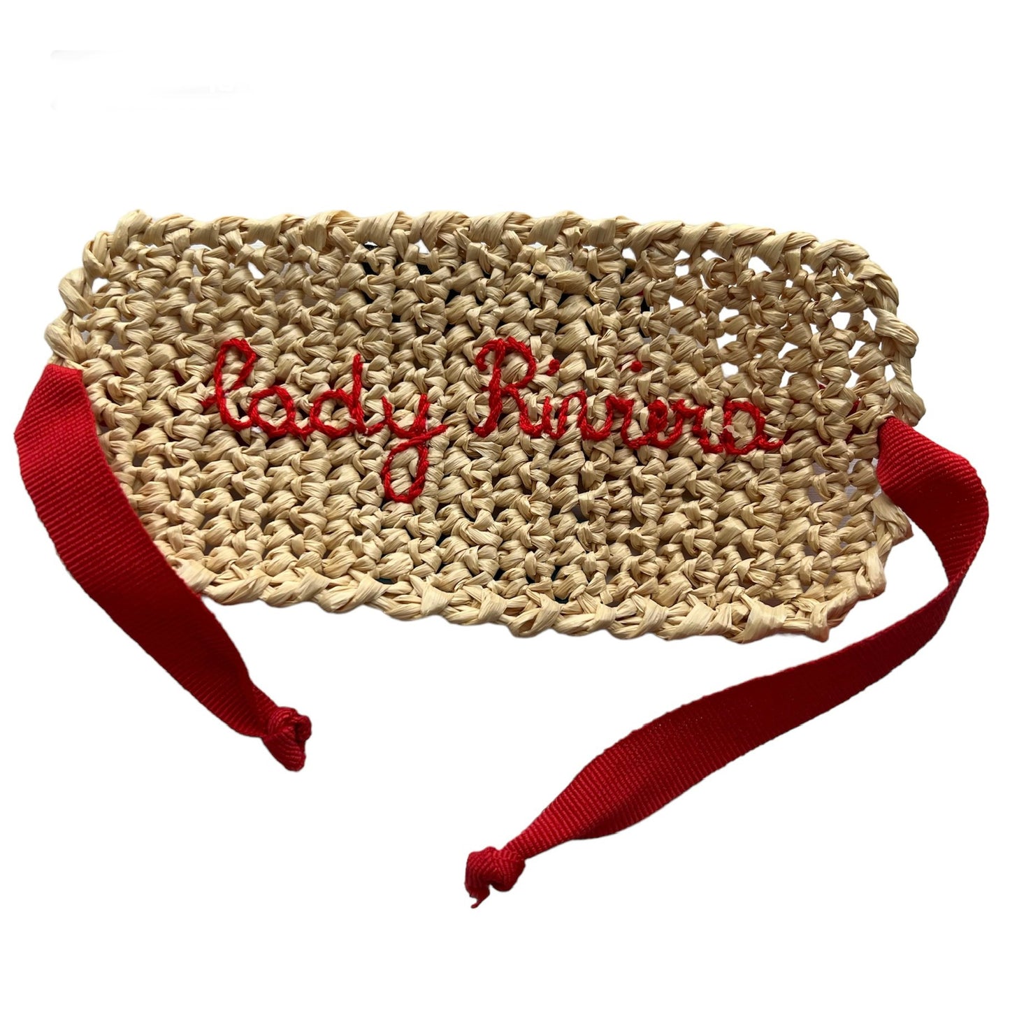 Bracciale alto naturale in rafia "lady Riviera" in rosso ricamato a mano