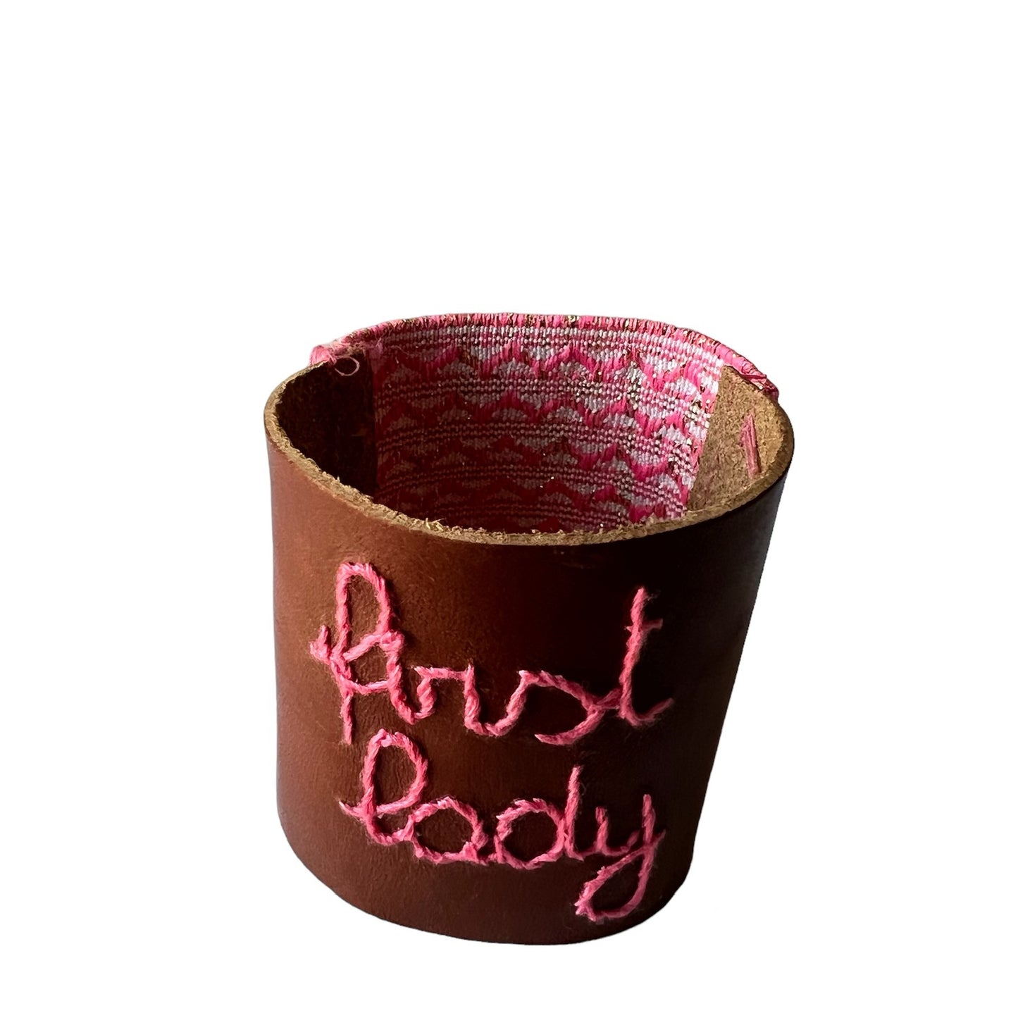 bracciale alto in cuoio fiore ricamato a mano "first lady" e retro in elastico e lurex