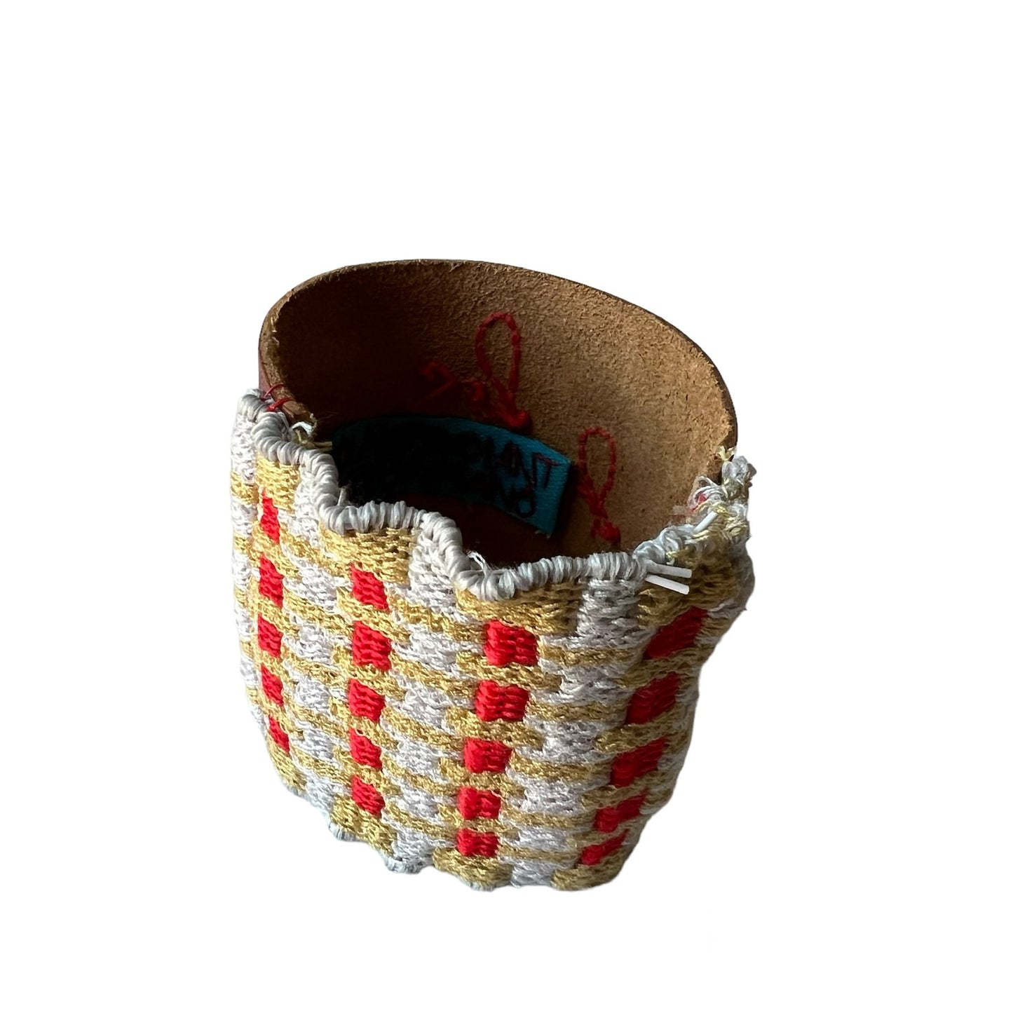 bracciale alto in cuoio fiore ricamato a mano "be happy" e retro in elastico a righe
