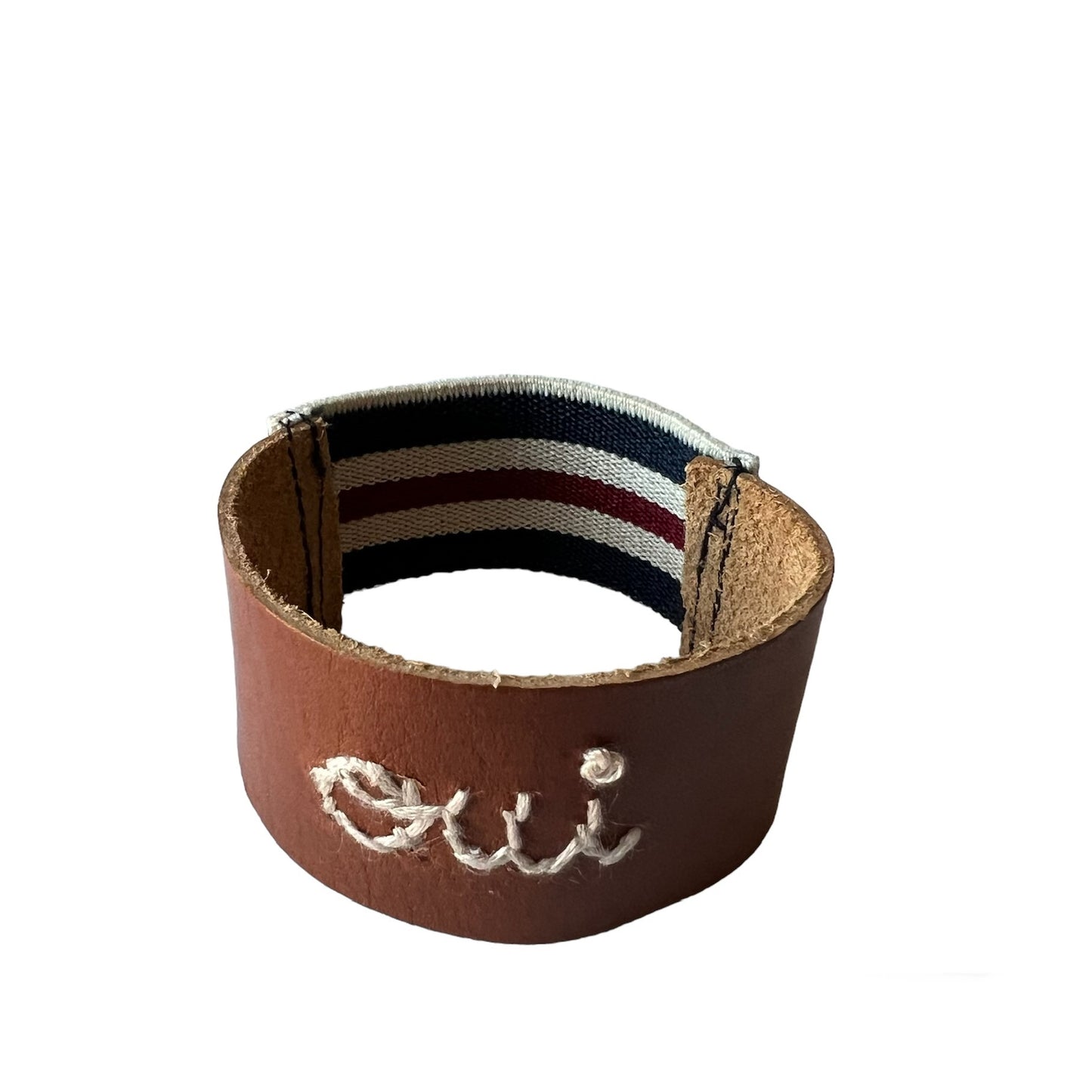 bracciale in cuoio fiore ricamato a mano "oui" e retro in elastico a righe