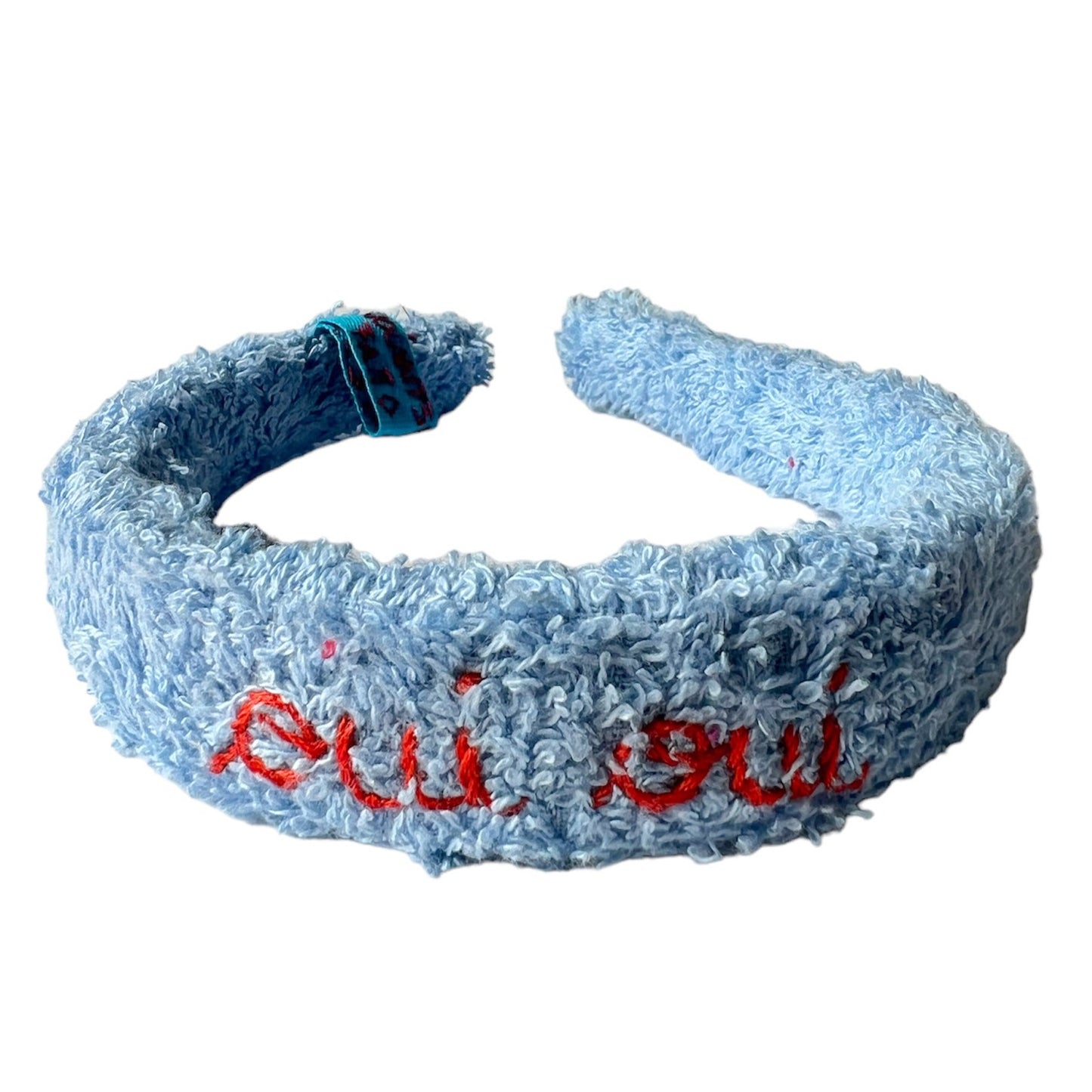 cerchietto per capelli in spugna celeste " oui oui" ricamato a mano