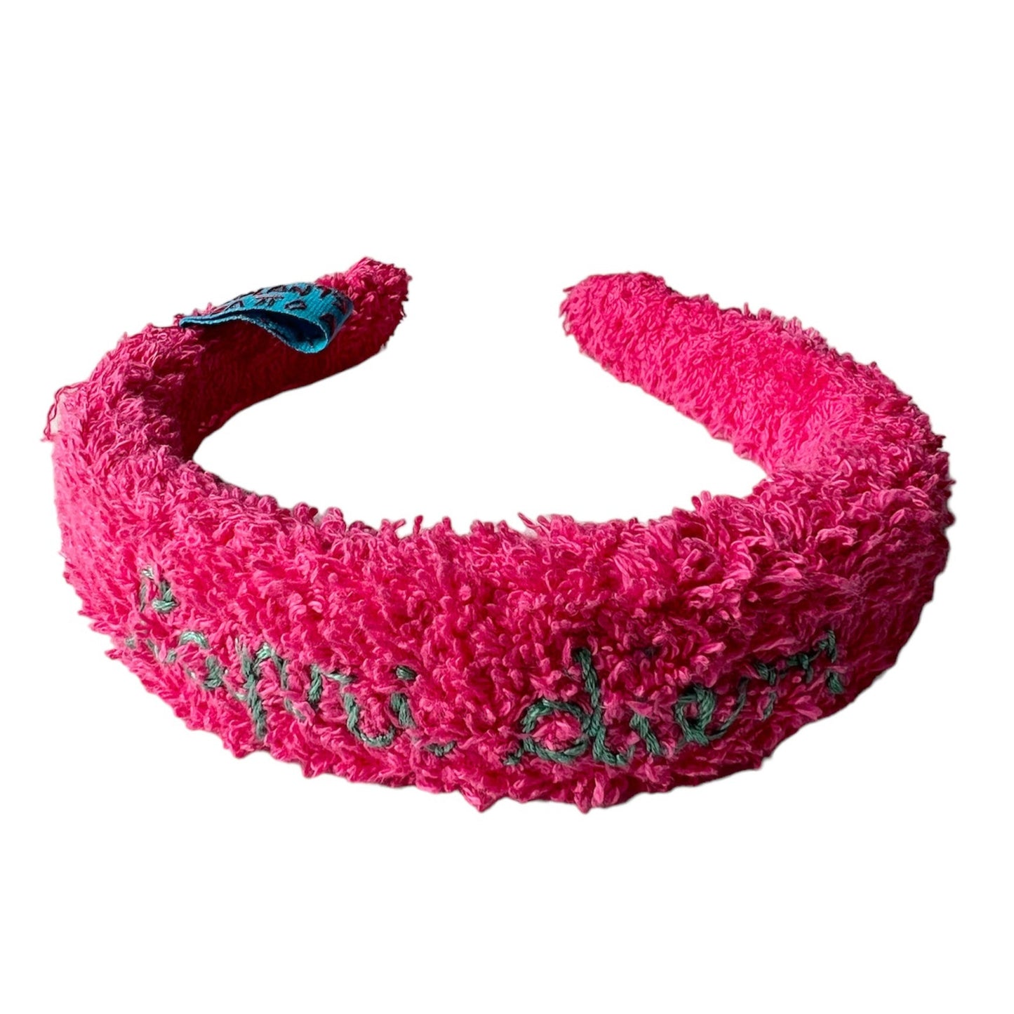 cerchietto per capelli in spugna fucsia " Capri diem" ricamato a mano
