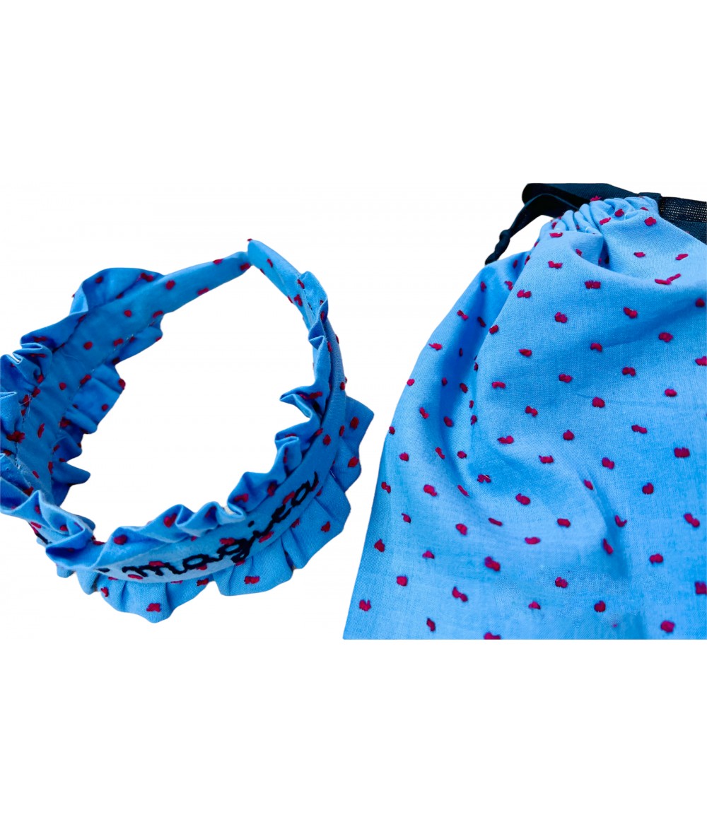 Cerchietto per capelli cotone plumetis azzurro lavanda ricamato a mano