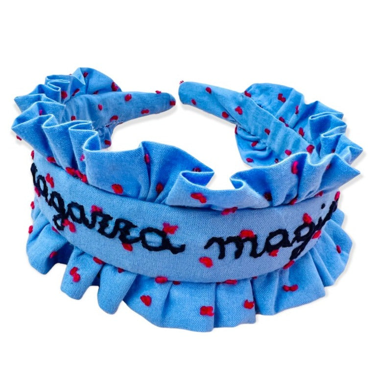 Cerchietto per capelli cotone plumetis azzurro lavanda ricamato a mano