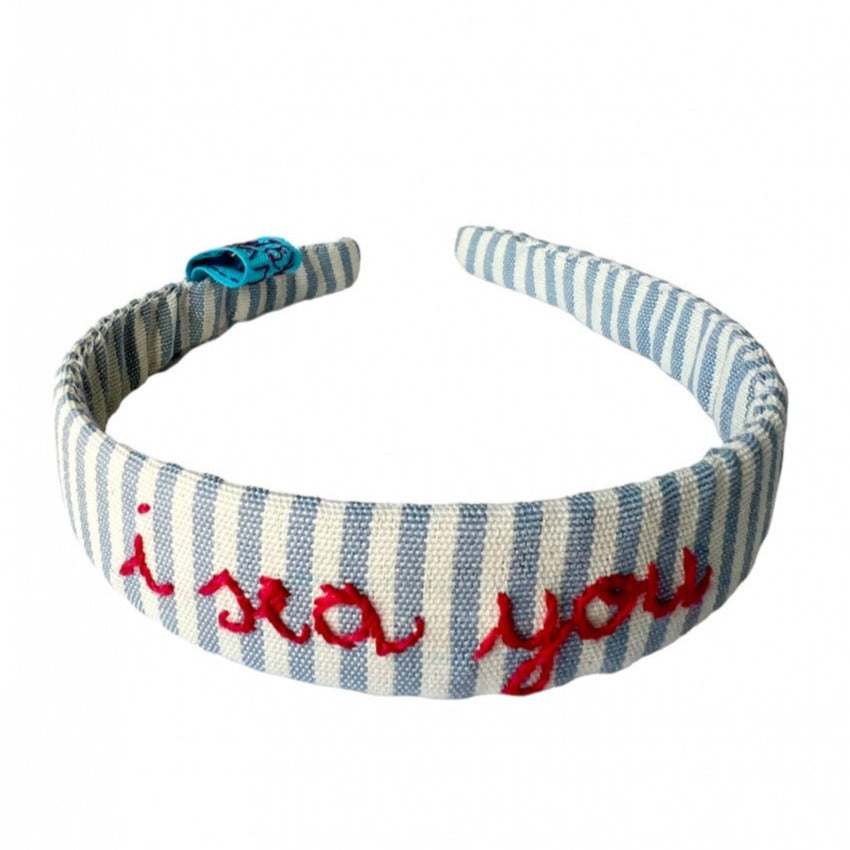 Cerchietto righe azzurre " i sea you" ricamato a mano