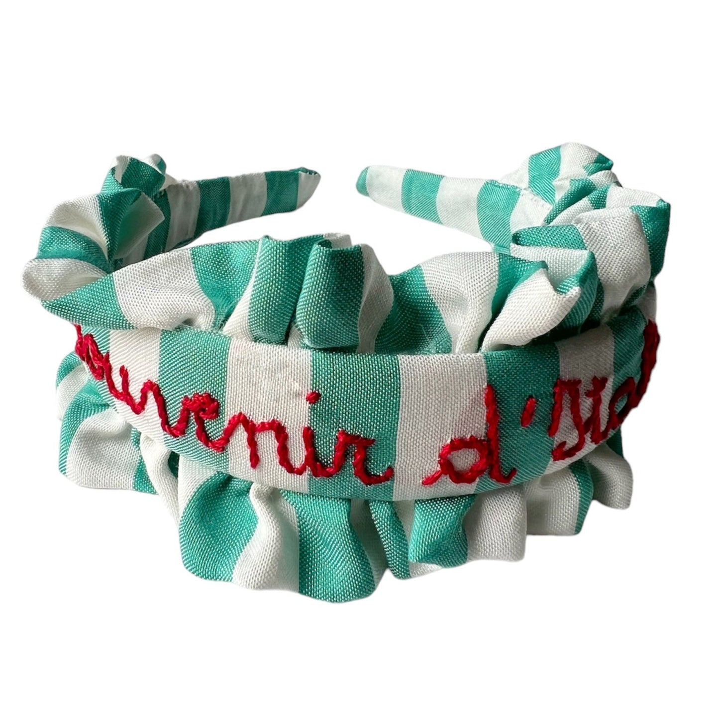 cerchietto per capelli in seta righe verde menta " souvenir d'Italie" ricamato a mano