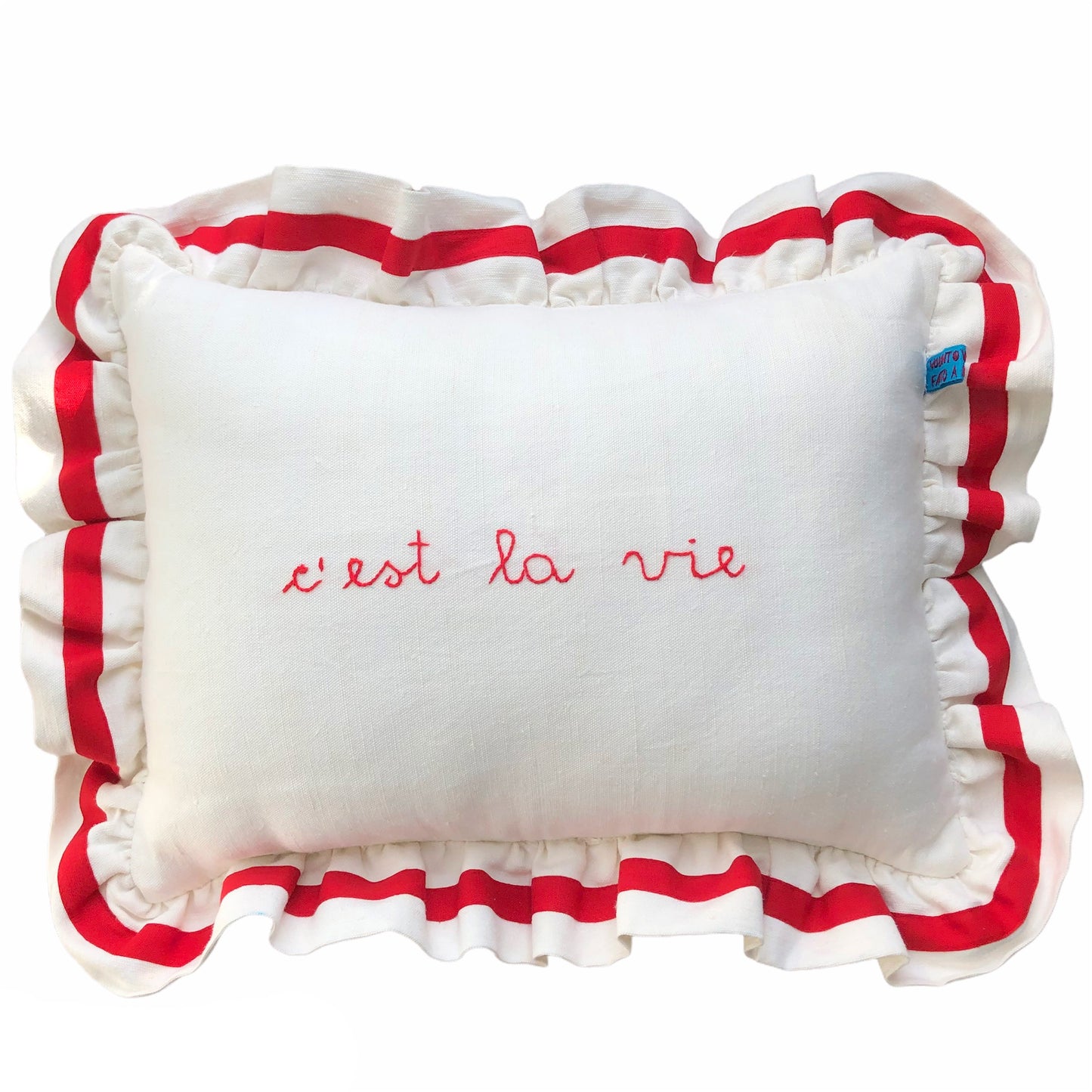 Cuscino in lino ricamato a mano"c'est la vie " con volants