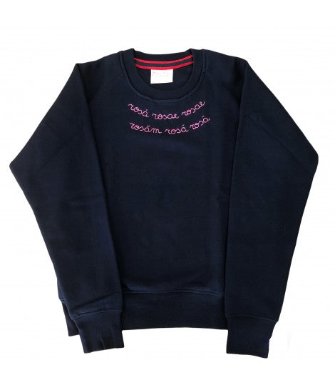 felpa blu navy ricamata a mano "rosa rosae..." in rosa