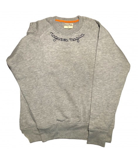 felpa grigio gym ricamata a mano "ragazza magica" in blu scuro