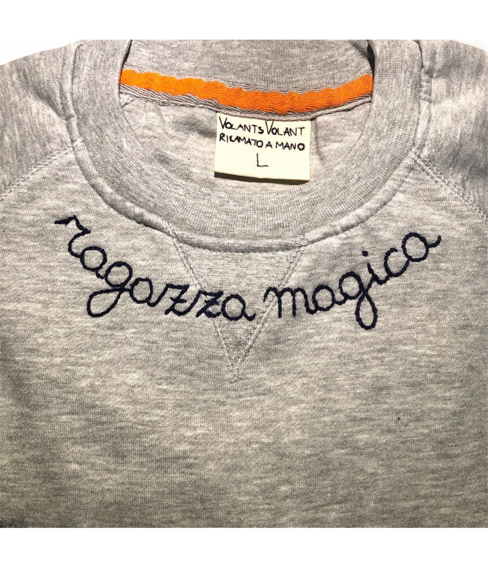 felpa grigio gym ricamata a mano "ragazza magica" in blu scuro