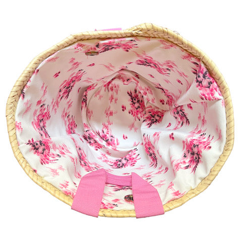 Borsa in paglia con manici in gros grain rosa " rosa rosae..." ricamata a mano