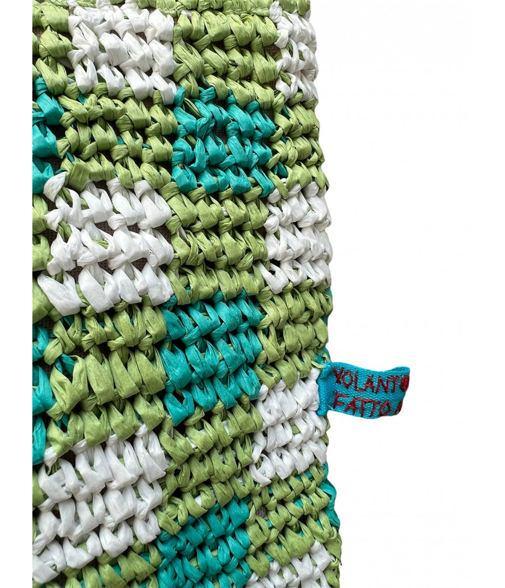 Maxi pochette rafia tessuta a mano vichy verde e turchese