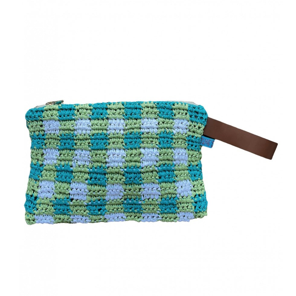 Maxi pochette rafia tessuta a mano vichy verde e turchese