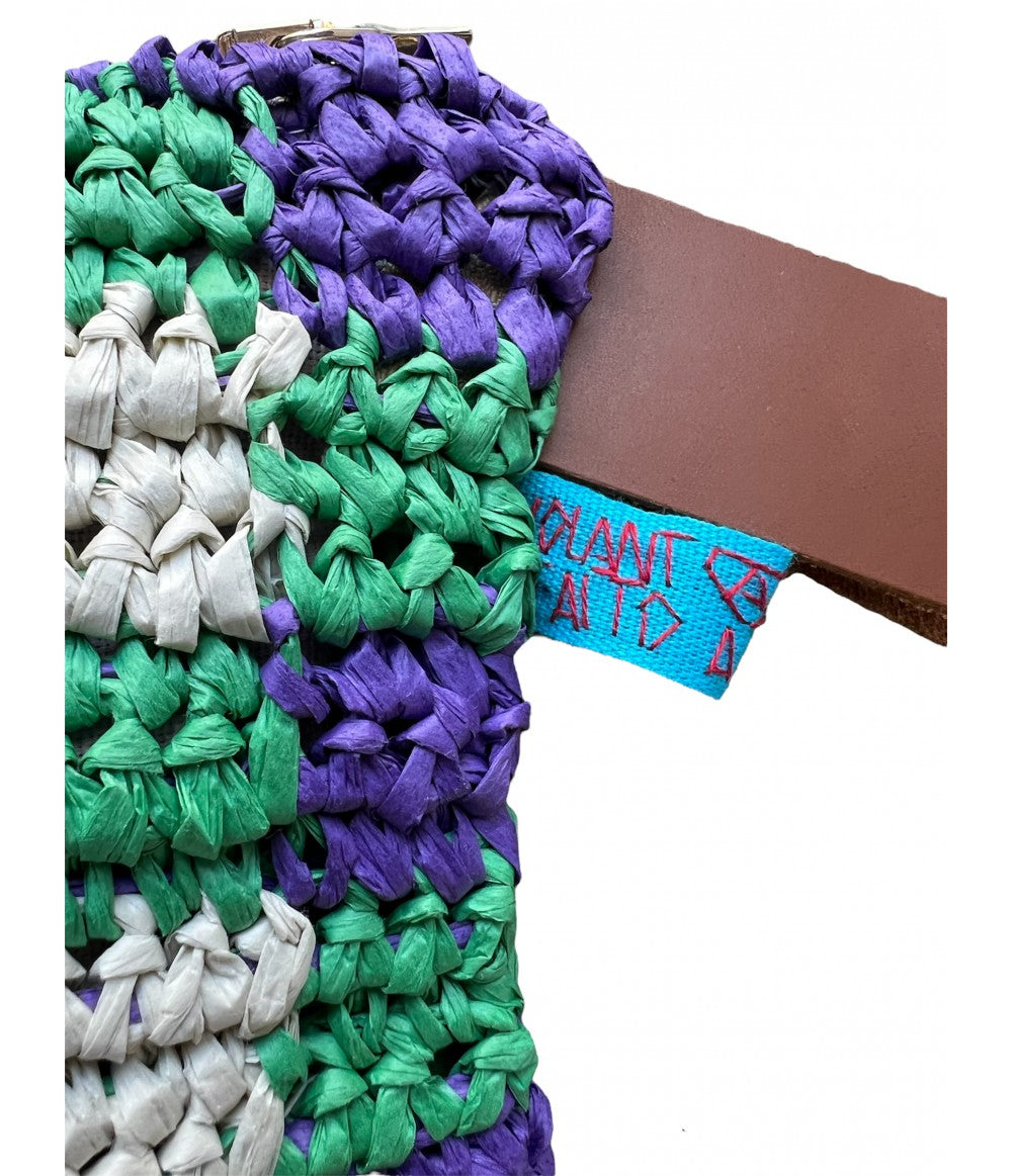 Maxi pochette rafia tessuta a mano vichy verde menta e viola