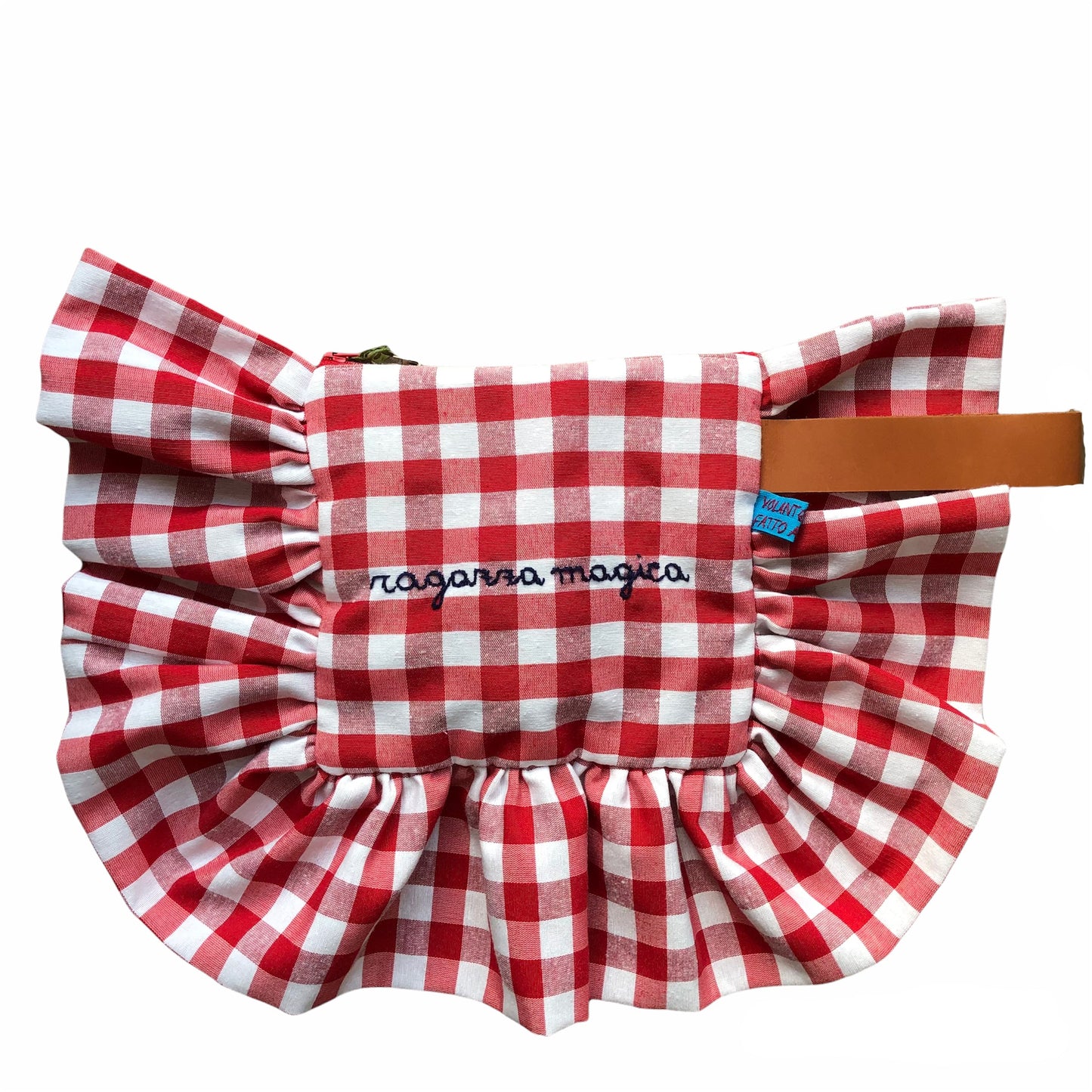 Pochette quadri rossi "ragazza magica" ricamata a mano