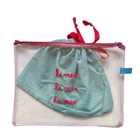 Busta grande in pvc ricamato a mano " la mer la mer la mer" con sacchetto estraibile in plumetis acqua