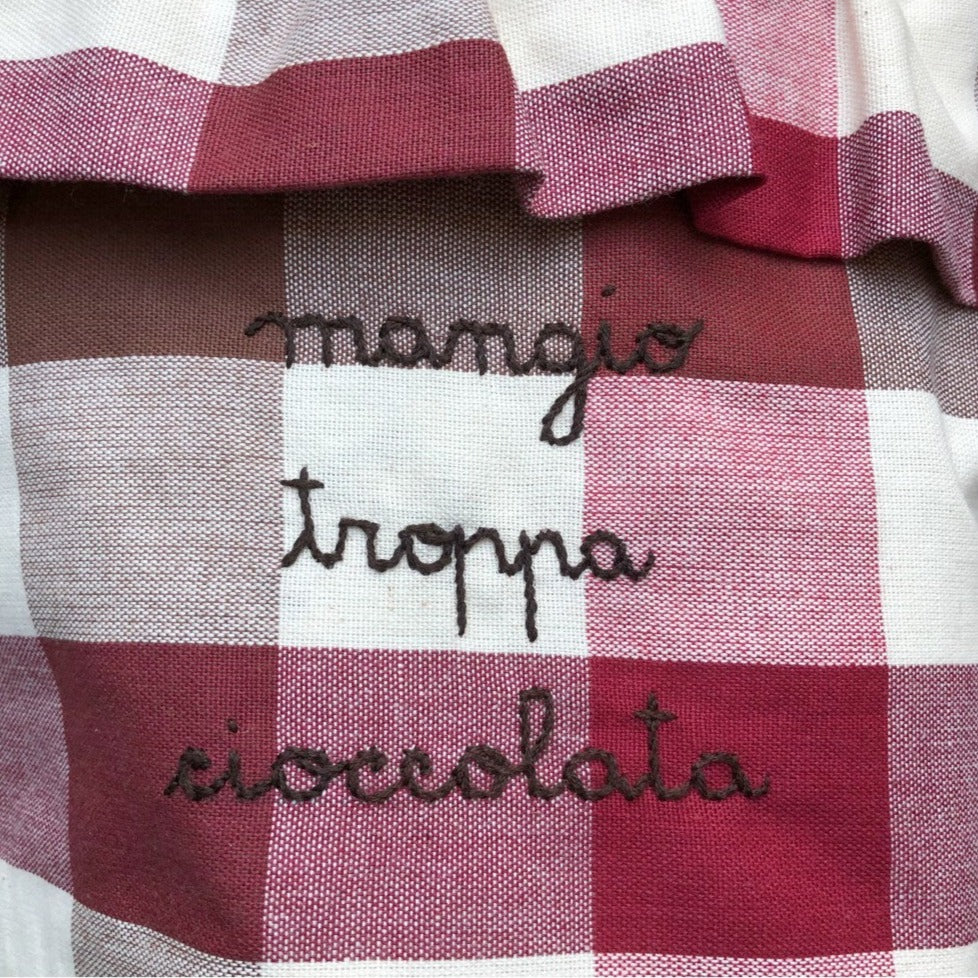 Secchiello tela vichy lampone e marrone "mangio troppa cioccolata"