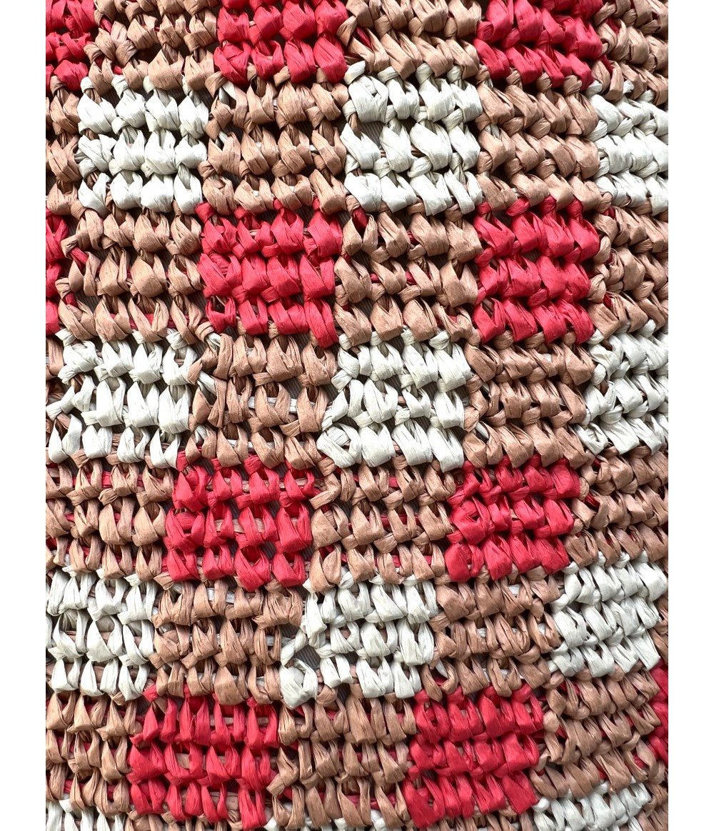 Shopping bag in rafia lavorazione quadretti vichy rosso corallo e marrone terracotta