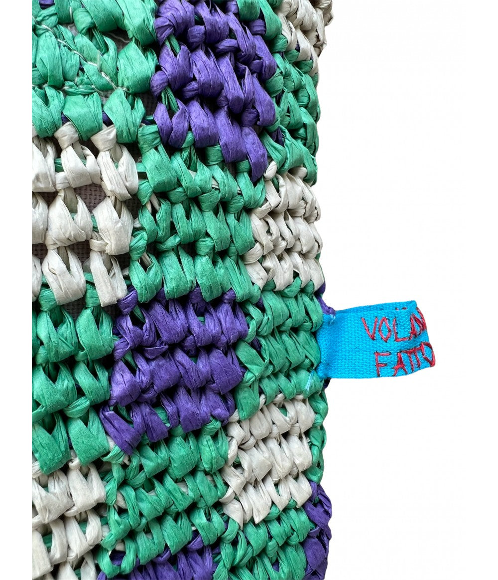 Shopping bag in rafia lavorazione quadretti vichy verde menta e viola