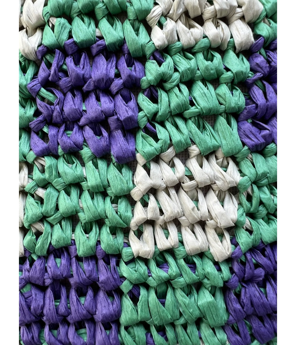 Shopping bag in rafia lavorazione quadretti vichy verde menta e viola