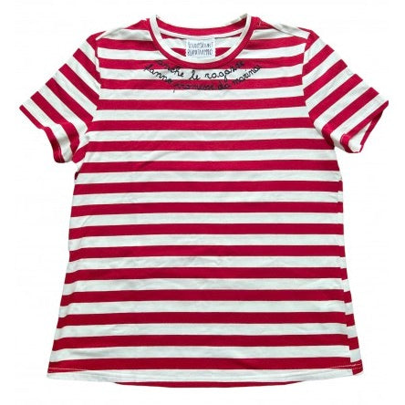 t-shirt righe rosso ricamata a mano " anche le ragazze fanno promesse da marinai"
