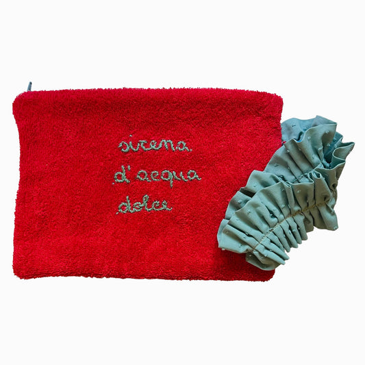 Busta pochette in spugna rossa ricamata a mano " sirena d'acqua dolce"