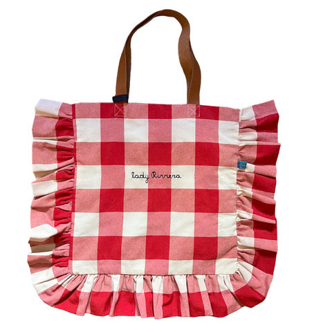 Shopping bag maxi vichy rosso “ lady Riviera” ricamata a mano