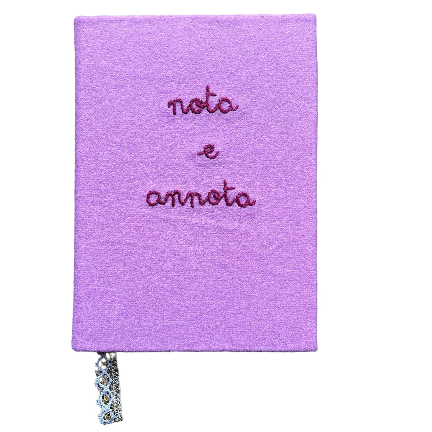 quaderno in lana rosa peonia ricamato a mano  "nota e annota"