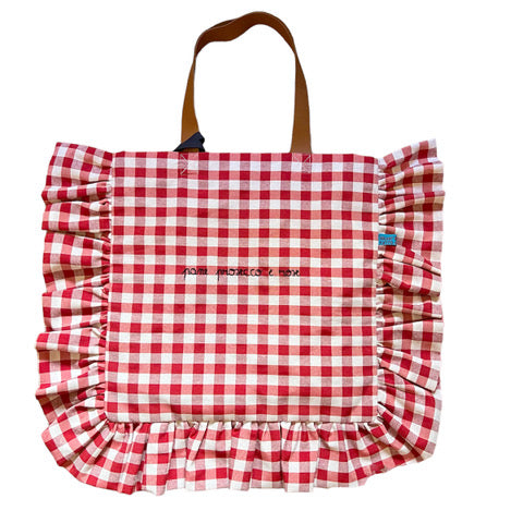 Shopping bag vichy rosso “pane, prosecco e rose” ricamata a mano