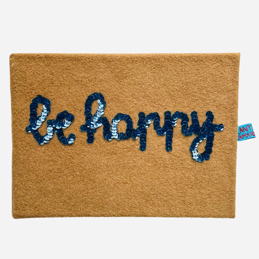 quaderno ad album in panno di lana cammello "be happy" ricamato a mano con paillettes