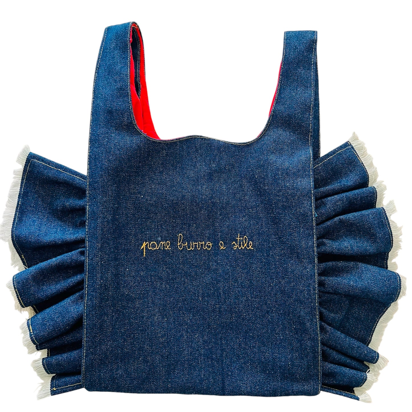 Borsa a mano in Denim “ pane burro e stile” ricamata a mano