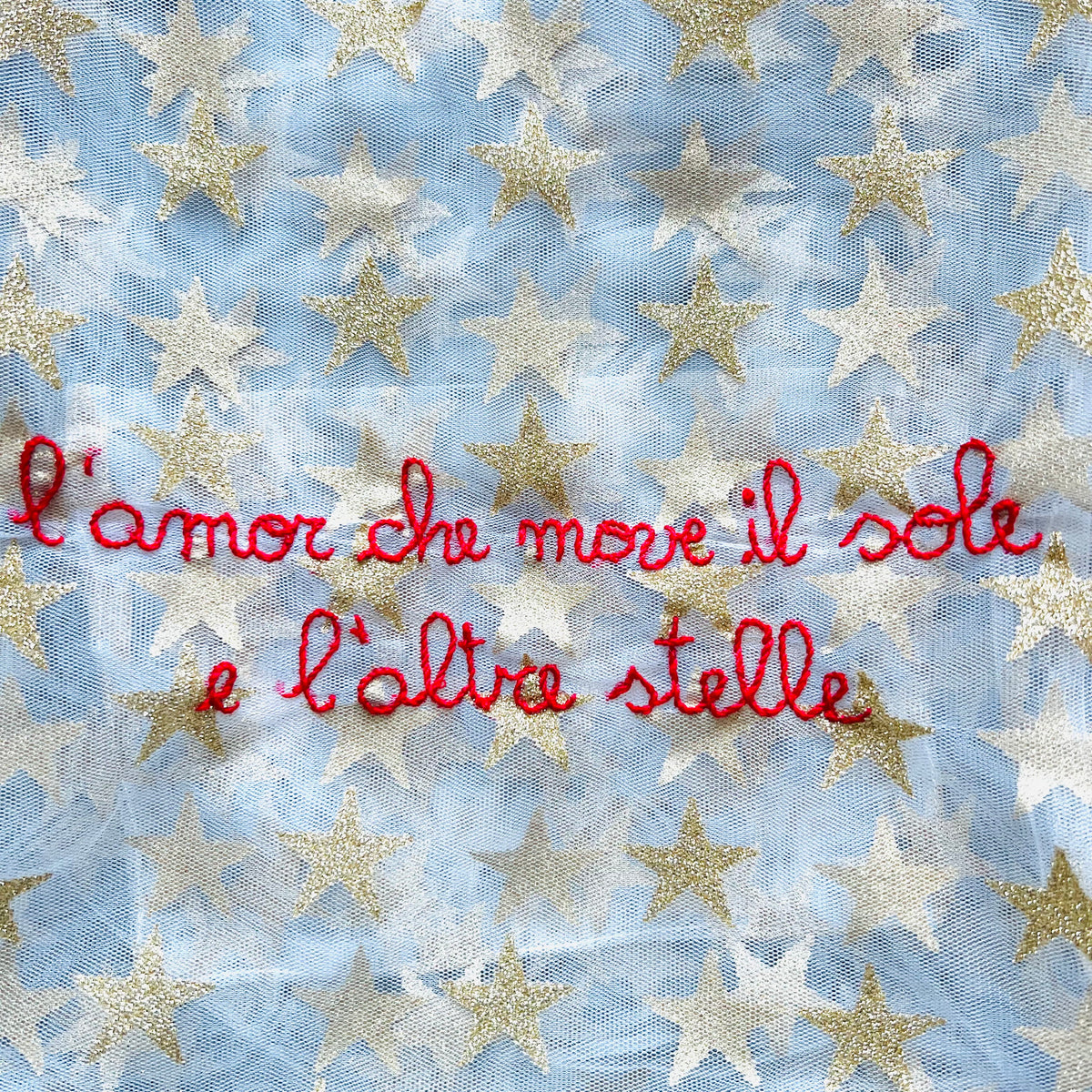 Borsa a mano in tulle stretch con stelle “l’amor che move il sole e l’altre stelle” ricamata a mano