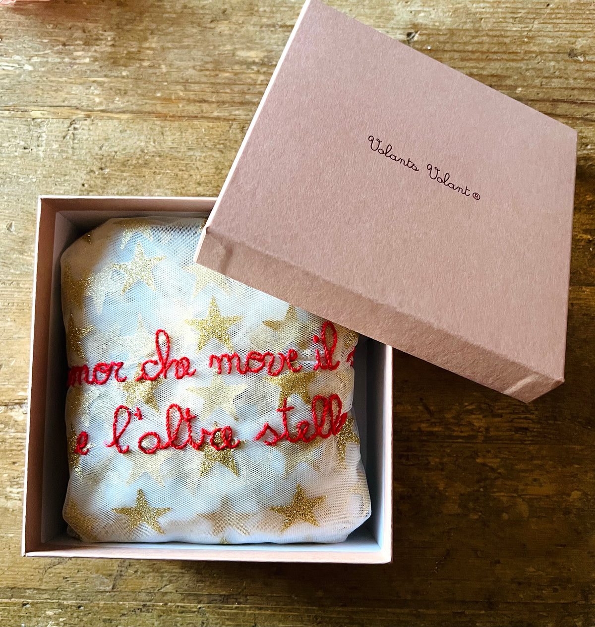 Borsa a mano in tulle stretch con stelle “l’amor che move il sole e l’altre stelle” ricamata a mano